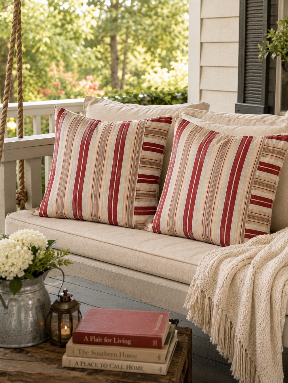Pottery Barn Red Tan Cream Striped Linen Pillow Covers 18x18 Set of 2 - Picture 1 of 8